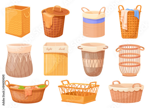 Wicker laundry baskets. Cartoon hamper messy fabric or dirty clothes, rattan wood bamboo basket weaving straw trendy hampers home interior, empty container neat vector illustration