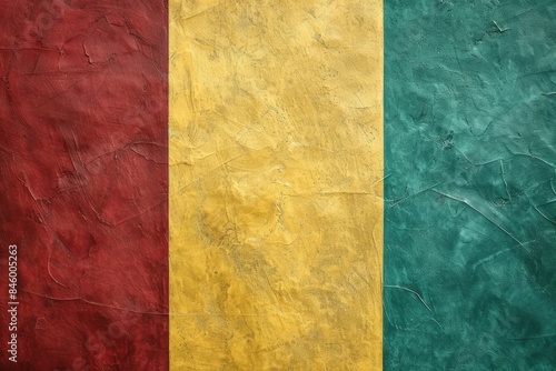 The guinean flag proudly displayed on a textured wall, symbolizing identity and independence with red, yellow, and green colors. Rich culture showcased in this african flag illustration