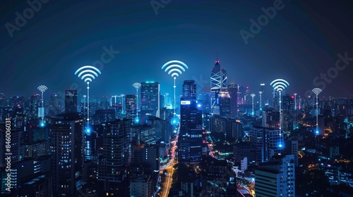 A modern cityscape with a wireless network connection, representing the concept of connection technology