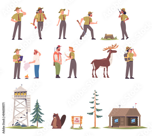 Forest rangers. Park ranger cartoon characters, environment preserve officer tree keeper wildlife guard, female scout or hunter man on lookout tower, set classy vector illustration