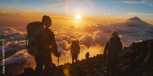 A group of four hikers equipped with backpacks and trekking poles ascends a mountain trail at sunrise. 