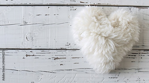 Fluffy white heart shaped pillow on bleached floorboard surface