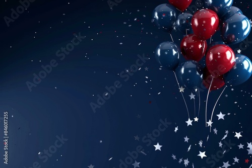 Vibrant red, white, blue balloons with sparkles; for 4th of July ads, social media.