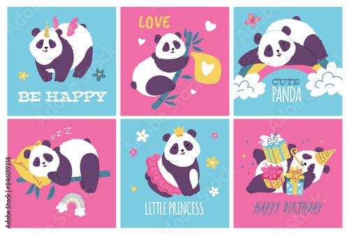 Set of squared postcards or banners with cute pandas flat style