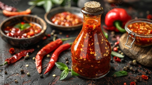 A spicy chili oil in a glass bottle amidst ingredients like red peppers and herbs representing culinary art and flavors