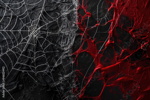 Red paint drips through a spider web, creating a spooky halloween background. The dark, gothic design adds horror to the scene. Perfect for october celebrations