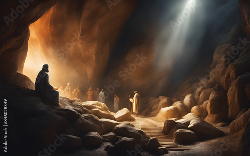 Muhammad receiving the revelation in the Cave of Hira, the dim, secluded cave lit by a mysterious, celestial glow