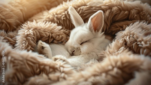 Close-up of an adorable white rabbit sleeping in a cozy fur blanket, highlighting comfort and cuteness. 
