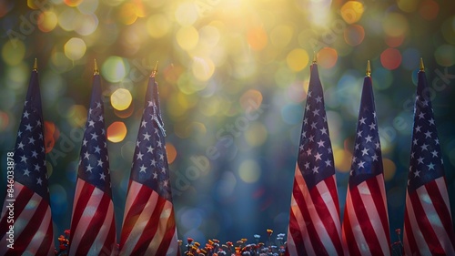 Close-up of American flags with bokeh lights in the background, symbolizing patriotism and celebration. 