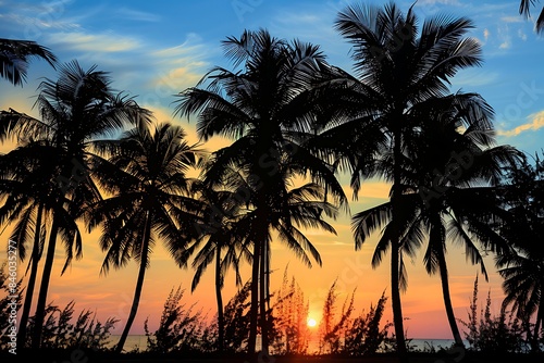 A group of palm trees silhouetted against a tropical sunset