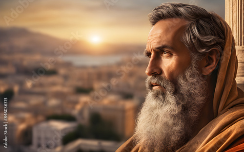 Paul the Apostle preaching in Athens, the warm hues of a Mediterranean sunset enveloping the ancient city
