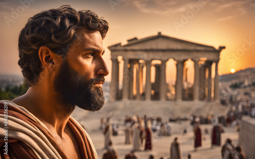 Paul the Apostle preaching in Athens, the warm hues of a Mediterranean sunset enveloping the ancient city