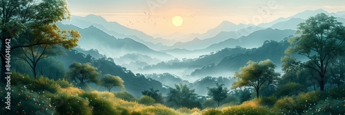 A breathtaking view of rolling green mountains with a misty atmosphere and the rising sun in the distance