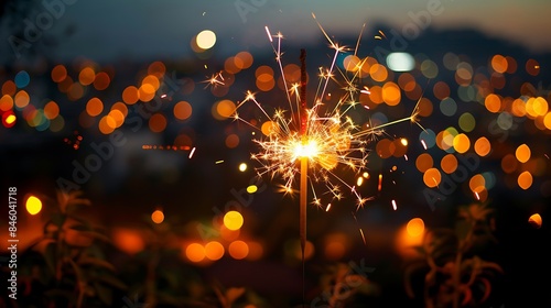 Happy new year glittering burning sparkler against blurred city light background