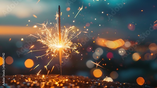 Happy new year glittering burning sparkler against blurred city light background