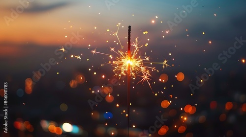 Happy new year glittering burning sparkler against blurred city light background