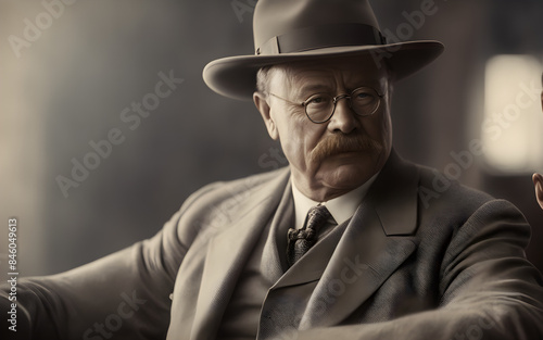 Theodore Roosevelt during a vigorous speech, his dynamic presence highlighted by robust, natural daylight
