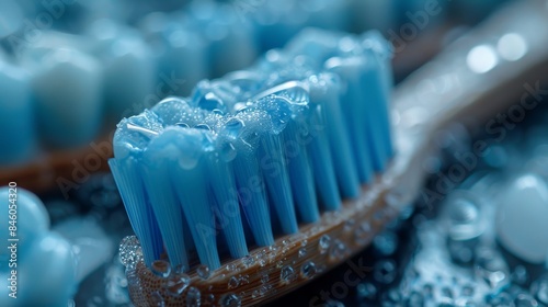 Close-up of a wet toothbrush showing detailed bristles and water droplets highlighting cleanliness and dental hygiene