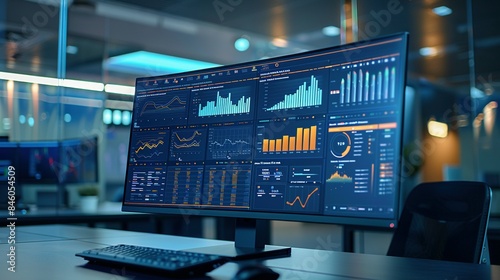 Computer Screen Showcasing an Abstract Network Monitoring Dashboard with Real-Time Data and System Health Metrics