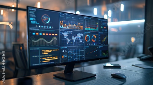 Abstract Network Monitoring Dashboard with Live Data and System Health on a Computer Screen