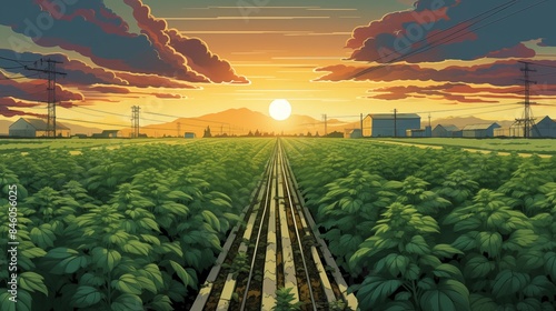 Sunset over Verdant Fields with Tracks Leading to the Horizon