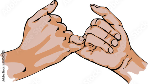 Oath on little fingers, friendship, pinky promise, reconciliation. Man and woman hands, graphic illustration no background