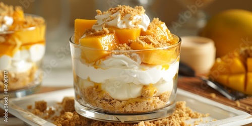 A delicious mango float dessert, layered with sweet mango slices, cream, and graham cracker crumbs, served in a glass dish