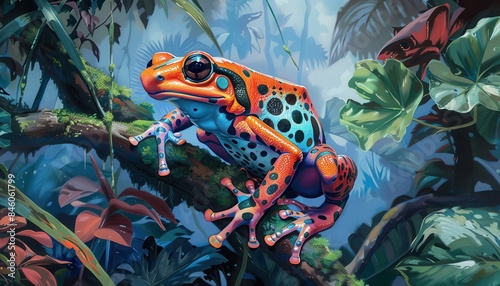 Vibrant poison dart frog perched on a branch amidst lush tropical rainforest foliage, showcasing its vivid colors and intricate patterns.
