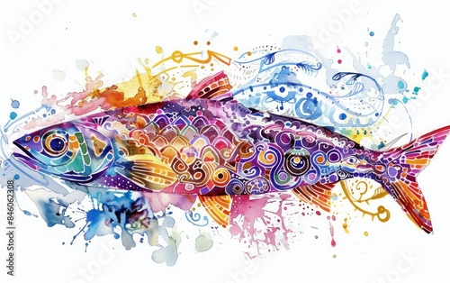 A vibrant watercolor clipart of a sardine with intricate patterns on a white background