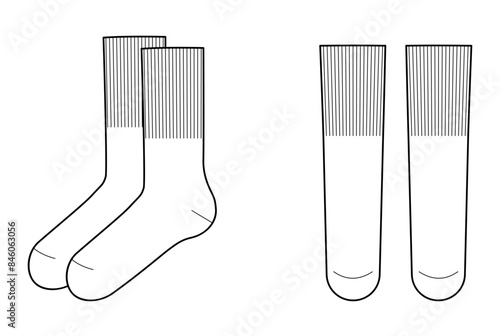 Mid Calf Socks with wide elastic band length set. Fashion hosiery accessory clothing technical illustration. Vector front, side view for Men, women style, flat template mockup sketch outline isolated