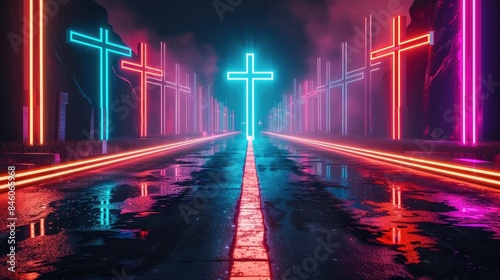 Futuristic neon crossroads, a metaphor for techno religious choices in a digital world