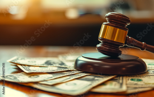 Gavel and Cash on Wooden Table in Courtroom