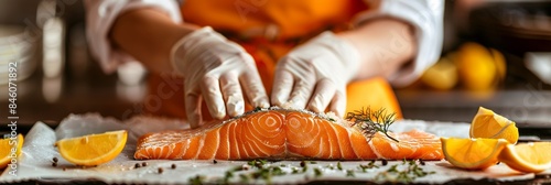 Woman taking out a deliciously baked salmon from the oven, perfect for a flavorful meal