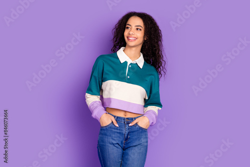 Photo of nice young girl look empty space wear shirt isolated on violet color background