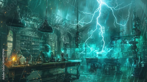 Frankenstein's monster in a lightning storm, lurching to life in a gothic laboratory, with sparks flying and equipment buzzing