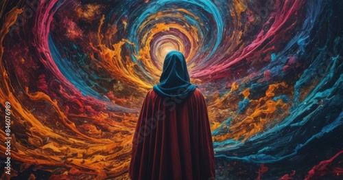 Cloaked Figure Facing Colorful Vortex in Space