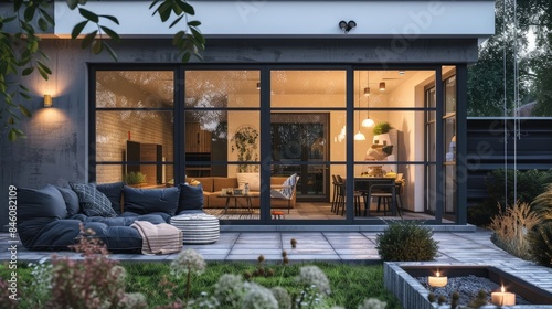 glass door separating a cozy backyard from a modern interior, generative ai