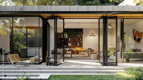 glass door separating a cozy backyard from a modern interior, generative ai