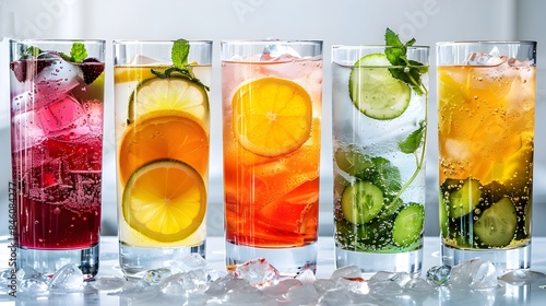 Colorful Layered Drinks in Tall Glasses with Fresh Fruit Garnishes