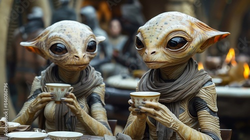 Two alien-like characters holding cups, engaged in a shared moment over tea in a detailed setting