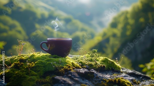 Purple coffee cup on a sunny day There was smoke floating in it. Standing tall on a steep concave moss wall It is clear and delicate, bright, with the green mountain background faintly visible.