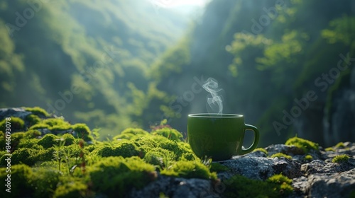 green coffee cup on a sunny day There was smoke floating in it. Standing tall on a steep concave moss wall It is clear and delicate, bright, with the green mountain background faintly visible.