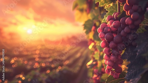 Grapes in vineyard at sunset. Agriculture and nature concept