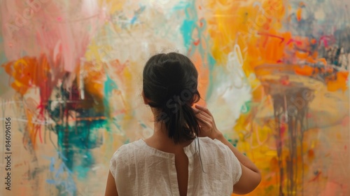 A woman stands in front of a large abstract painting back to the camera. has hand on chin deeply immersed in thought . .
