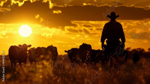A faint silhouette of a cowboy herding cattle backlit by the soft glow of the rising sun.