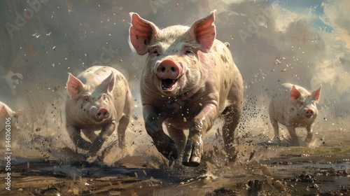 A pig runs through a muddy field with other pigs.