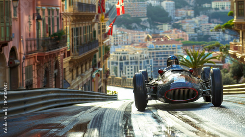 F1 1956 racing car on the streets of monaco Carlo, seeing the Chequered flag 