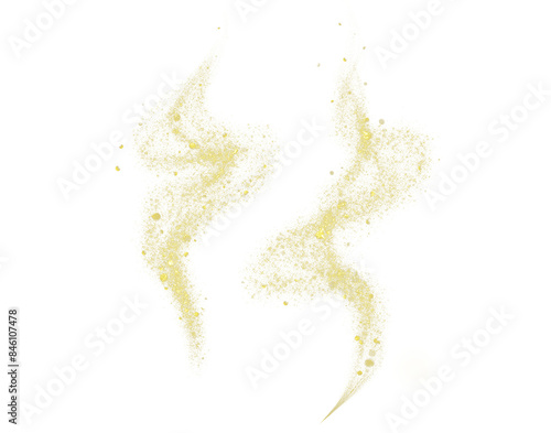 Golden smoke, glistening magic light particles forming an abstract, smoky wave shape on a transparent background. 