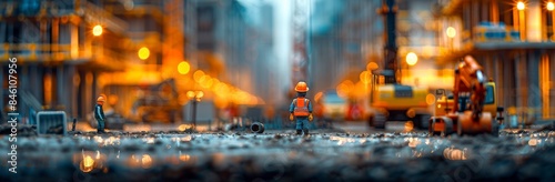 A building under construction with cranes and excavators on the ground, in the style of a miniature scale model, with high resolution on a white background