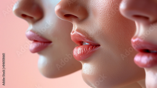 Three young women showing perfect skin and plump lips after beauty treatment